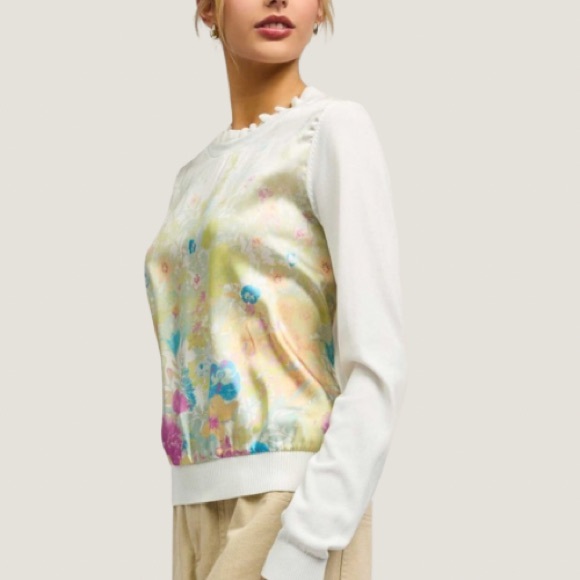 GORGEOUS NEW ROMANTIC WOVEN COMBO FLORAL PRINT SILKY PANEL SWEATER - Picture 4 of 7